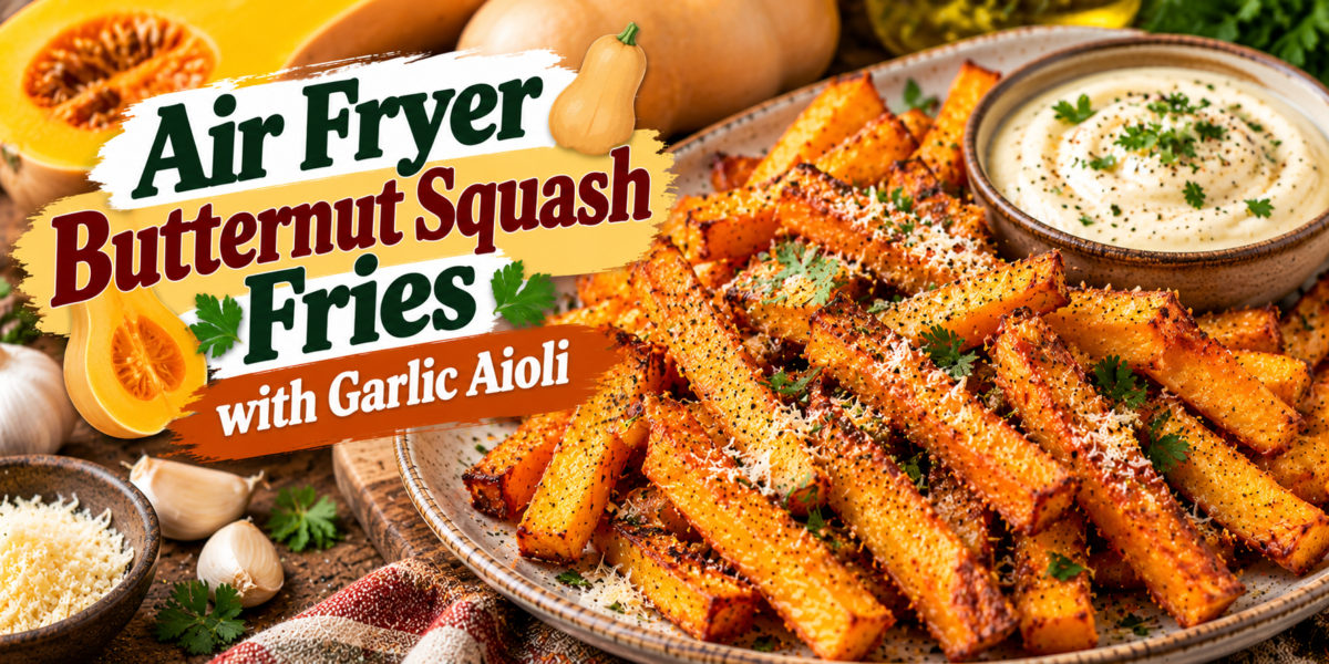 Butternut Squash Fries with garlic seasoning, Parmesan, herbs, and creamy garlic aioli