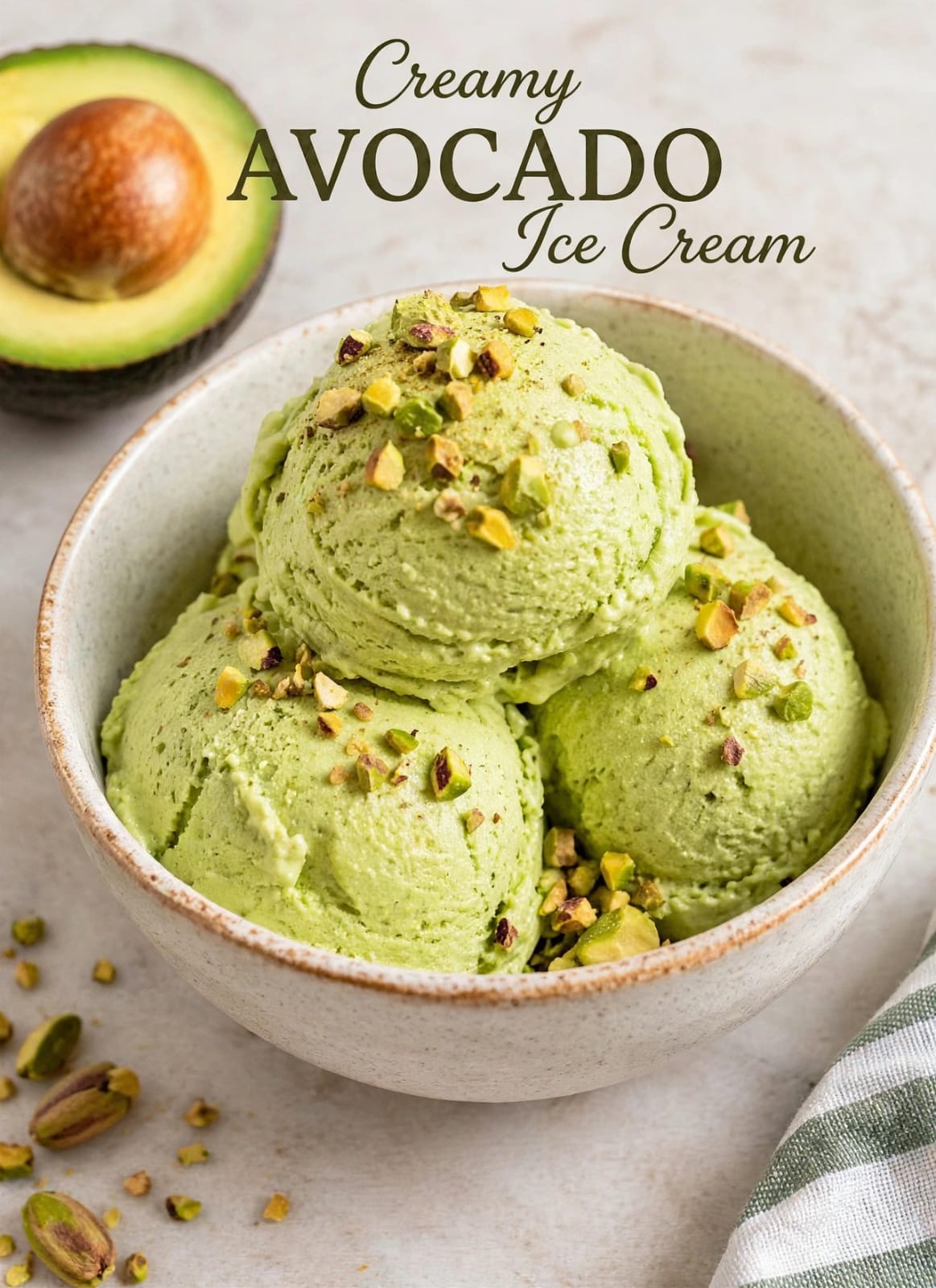 Avocado Ice Cream with ripe avocado, whipped cream, condensed milk, lime, vanilla, and a creamy no-churn texture