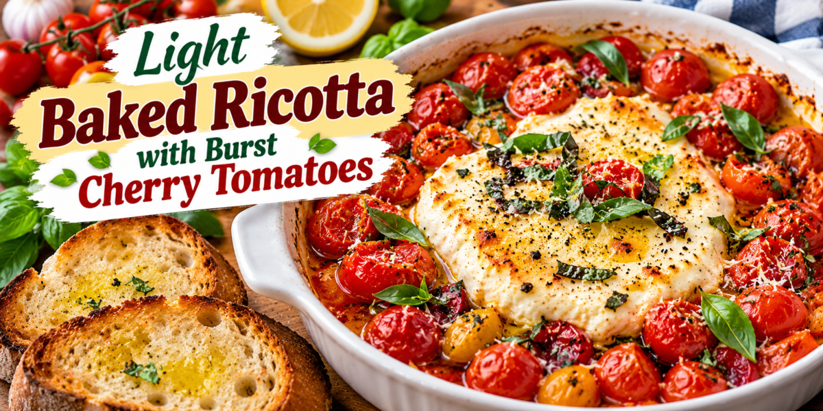 Baked Ricotta with burst cherry tomatoes, garlic, Parmesan, fresh herbs, olive oil, and lemon
