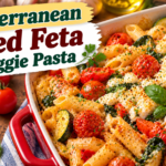 Baked Feta Pasta with feta cheese, cherry tomatoes, zucchini, spinach, garlic, herbs, and tender pasta