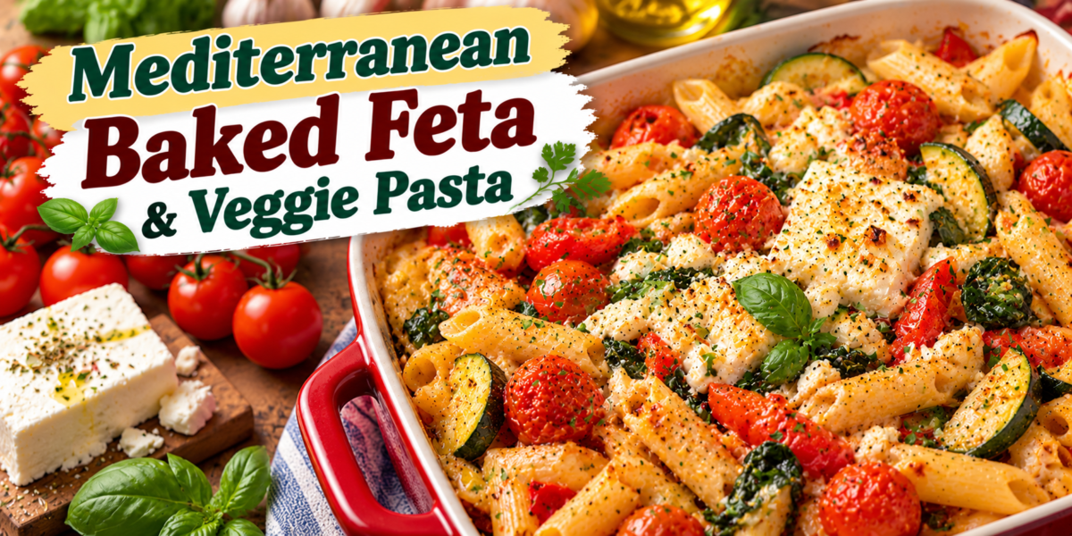 Baked Feta Pasta with feta cheese, cherry tomatoes, zucchini, spinach, garlic, herbs, and tender pasta