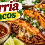 Birria Tacos with shredded beef, melted cheese, crispy tortillas, onion, cilantro, lime, and consommé