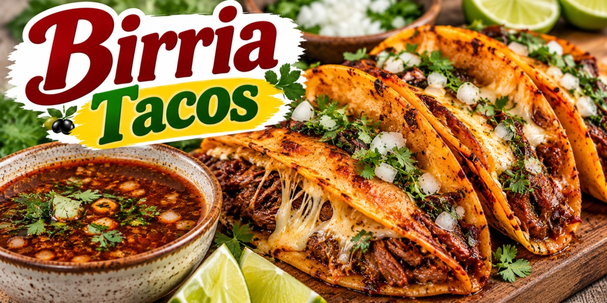 Birria Tacos with shredded beef, melted cheese, crispy tortillas, onion, cilantro, lime, and consommé