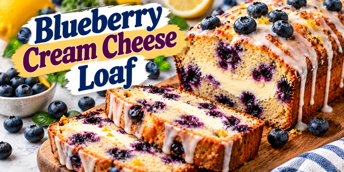 Blueberry Cream Cheese Loaf with juicy blueberries, creamy cheese filling, soft vanilla-lemon crumb, and sweet glaze