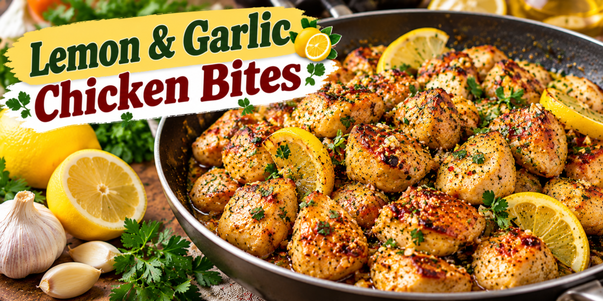 Lemon Garlic Chicken Bites with tender chicken, fresh lemon, garlic, olive oil, herbs, and golden skillet-seared edges