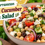 Chickpea Cucumber Feta Salad with chickpeas, cucumber, tomatoes, Kalamata olives, feta, fresh herbs, and lemon dressing