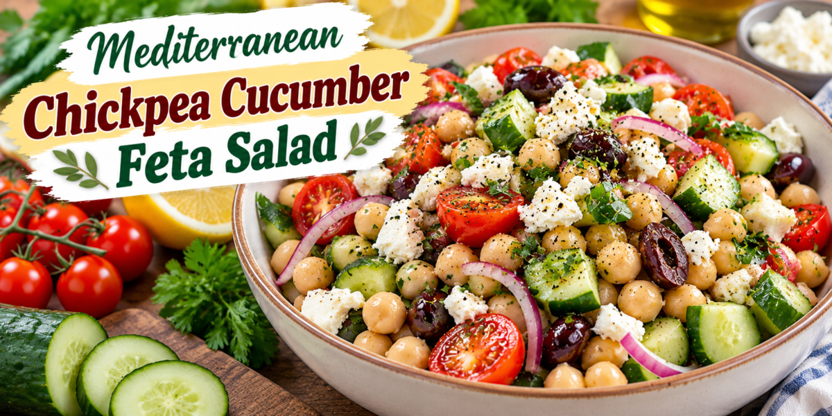 Chickpea Cucumber Feta Salad with chickpeas, cucumber, tomatoes, Kalamata olives, feta, fresh herbs, and lemon dressing