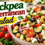 Chickpea Mediterranean Salad with cucumber, tomatoes, Kalamata olives, feta, fresh herbs, and lemon dressing