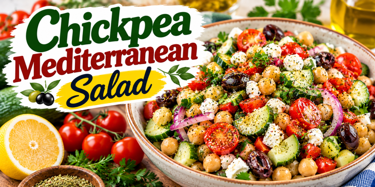 Chickpea Mediterranean Salad with cucumber, tomatoes, Kalamata olives, feta, fresh herbs, and lemon dressing