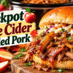 Apple Cider Pulled Pork with tender shredded pork, apple cider sauce, onions, herbs, and autumn flavors