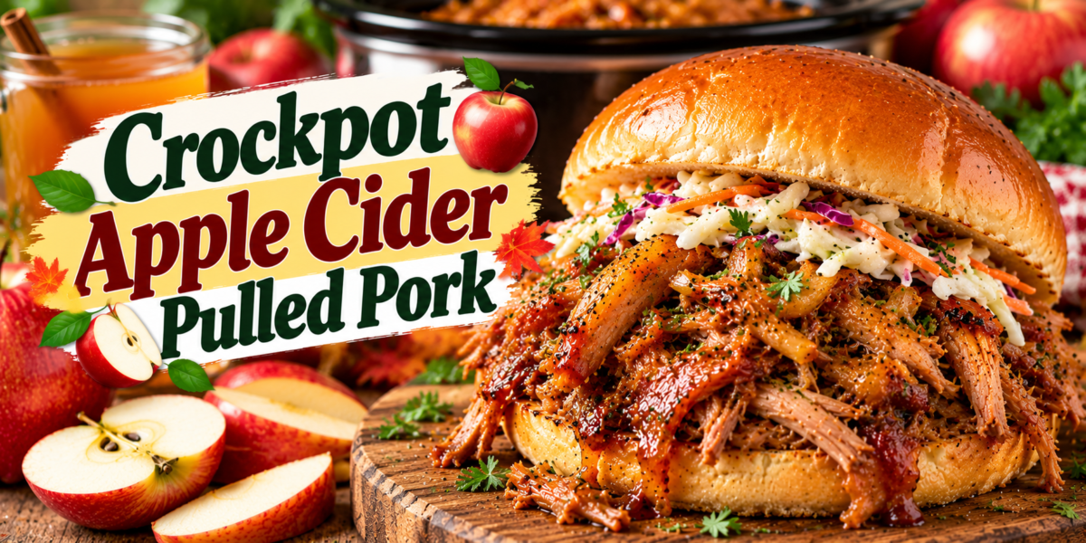 Apple Cider Pulled Pork with tender shredded pork, apple cider sauce, onions, herbs, and autumn flavors