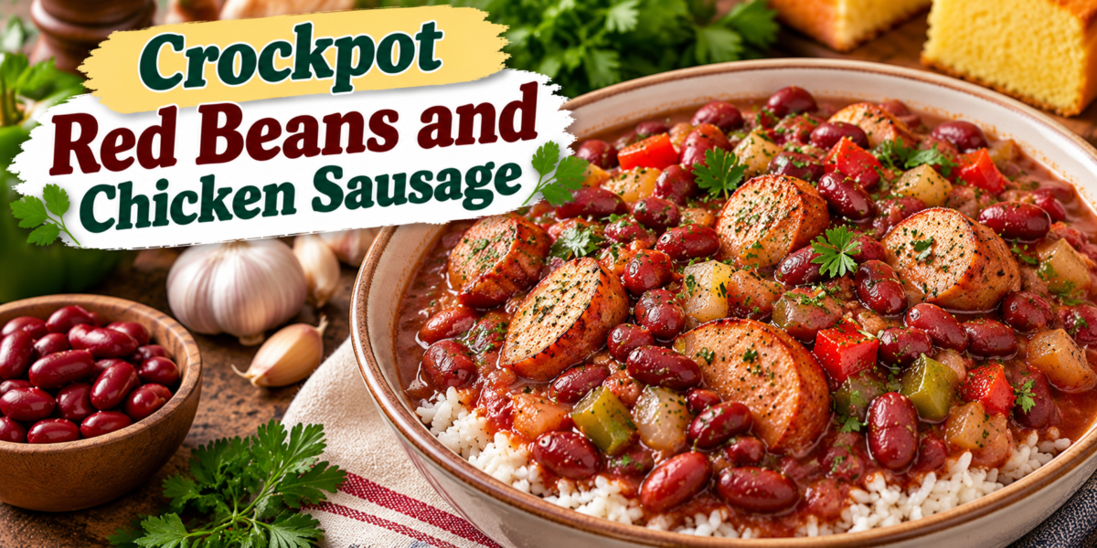 Red Beans and Chicken Sausage with tender red beans, smoky chicken sausage, vegetables, herbs, Cajun spices, and rich savory broth