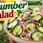 Cucumber Salad with sliced cucumbers, red onion, fresh herbs, lemon dressing, and olive oil