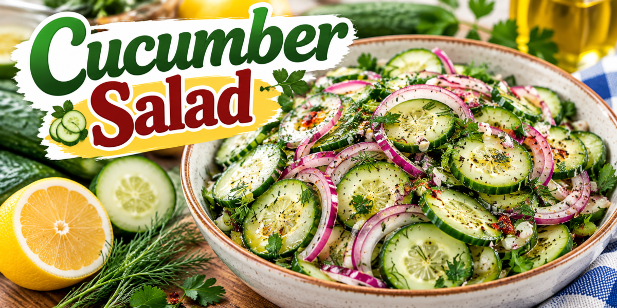 Cucumber Salad with sliced cucumbers, red onion, fresh herbs, lemon dressing, and olive oil
