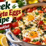 Greek Baked Feta Eggs with creamy feta, roasted tomatoes, spinach, herbs, and perfectly baked eggs