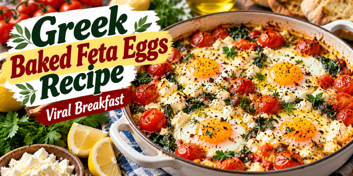 Greek Baked Feta Eggs with creamy feta, roasted tomatoes, spinach, herbs, and perfectly baked eggs