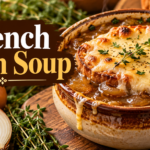French Onion Soup with caramelized onions, toasted bread and melted cheese