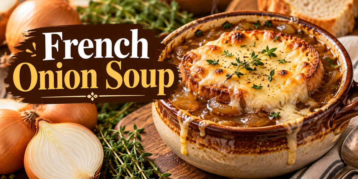 French Onion Soup with caramelized onions, toasted bread and melted cheese