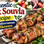 Greek Souvla Recipe with juicy Mediterranean pork skewers, lemon, garlic, oregano, and fresh herbs