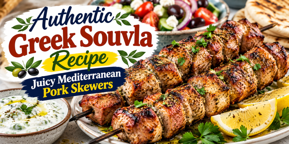 Greek Souvla Recipe with juicy Mediterranean pork skewers, lemon, garlic, oregano, and fresh herbs