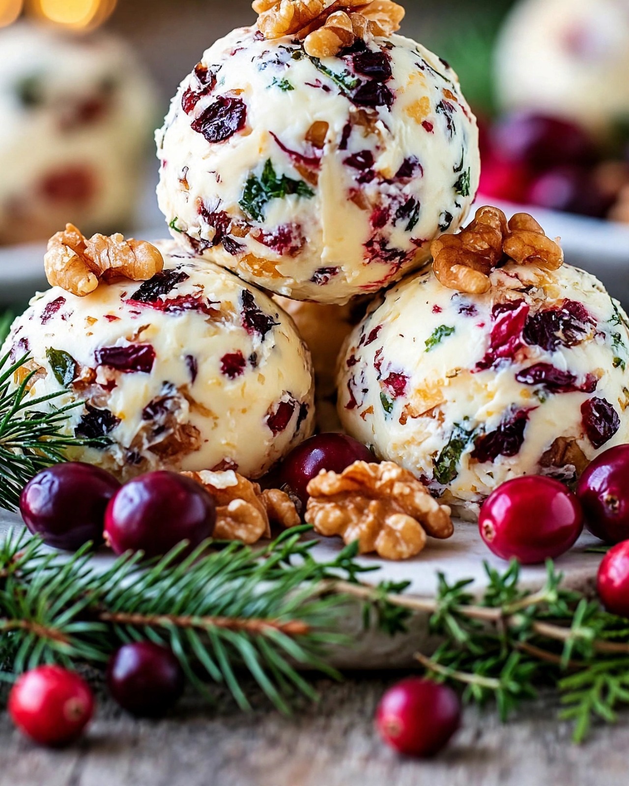 Christmas cranberry walnut cheese balls coated with dried cranberries, chopped walnuts, and fresh herbs