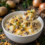 Amish Snow Day Soup with potatoes, carrots, peas, and corn in a creamy broth