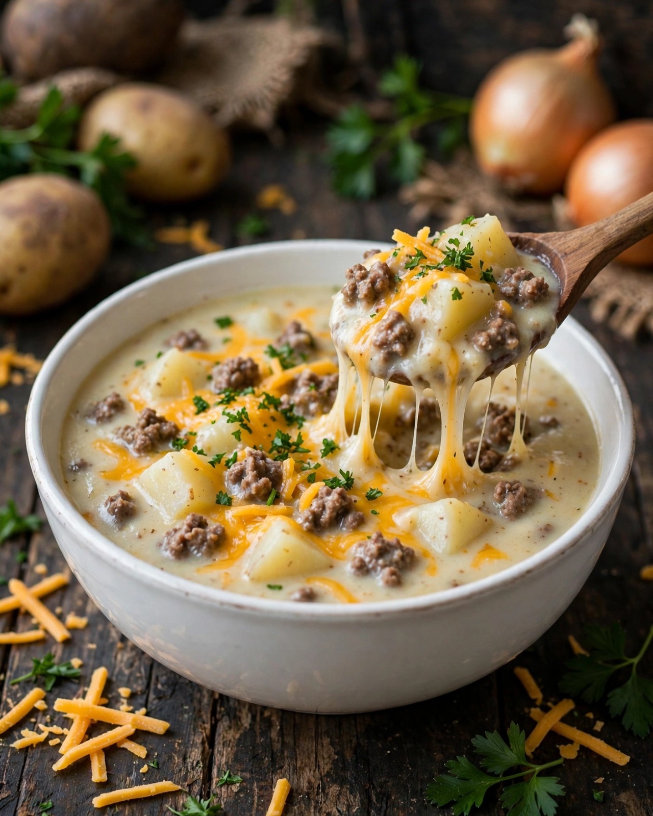 Amish Snow Day Soup with potatoes, carrots, peas, and corn in a creamy broth
