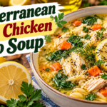 Mediterranean Lemon Chicken Orzo Soup with tender chicken, orzo, spinach, carrots, fresh herbs, and lemon broth