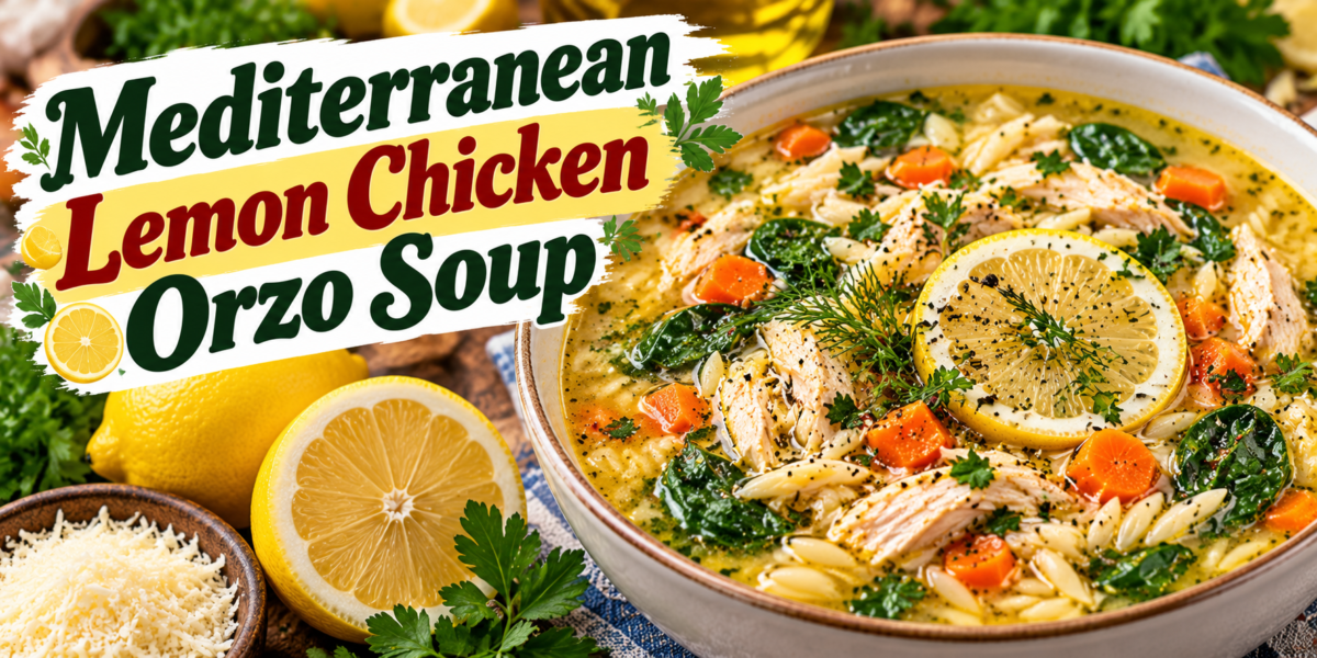 Mediterranean Lemon Chicken Orzo Soup with tender chicken, orzo, spinach, carrots, fresh herbs, and lemon broth