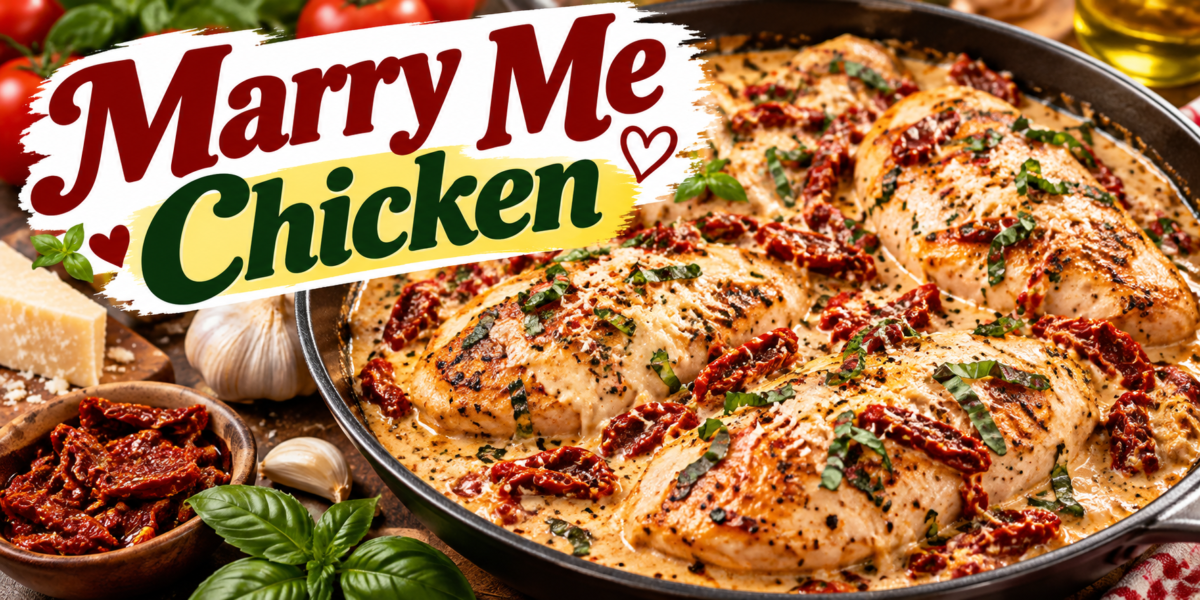 Marry Me Chicken with creamy Parmesan sauce, sun-dried tomatoes, garlic, fresh herbs, and tender chicken