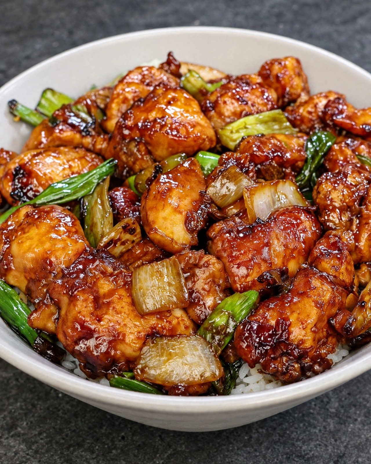 Mongolian Chicken with tender chicken pieces coated in glossy garlic soy sauce and garnished with green onions