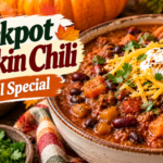 Pumpkin Chili with ground beef, pumpkin puree, beans, tomatoes, peppers, herbs, and warm fall spices