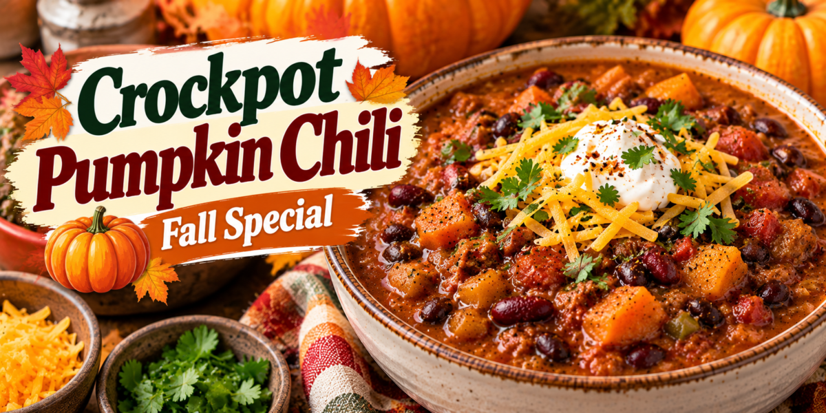 Pumpkin Chili with ground beef, pumpkin puree, beans, tomatoes, peppers, herbs, and warm fall spices