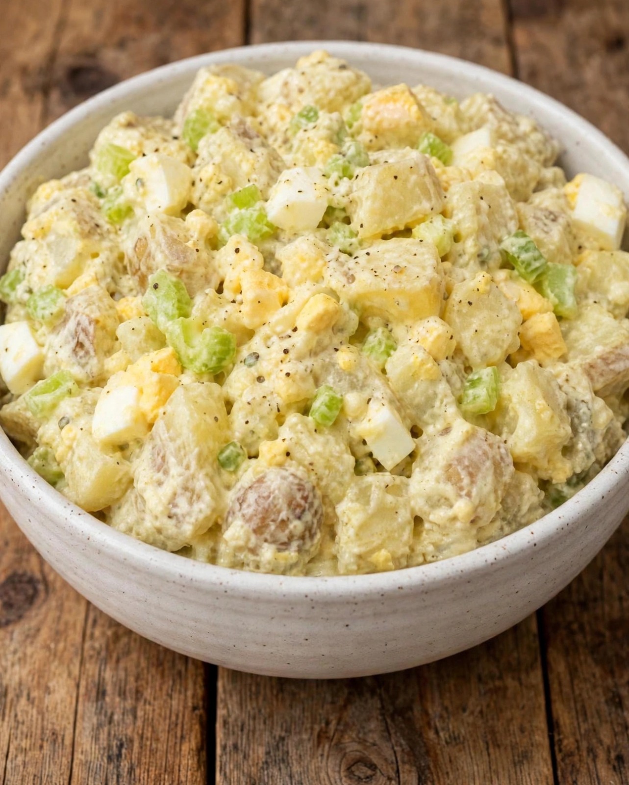 Creamy American potato salad with tender potatoes, hard-boiled eggs, celery, and mustard dressing
