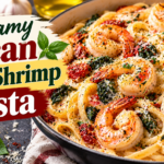 Tuscan Garlic Shrimp Pasta with juicy shrimp, sun-dried tomatoes, spinach, garlic, Parmesan, and creamy sauce