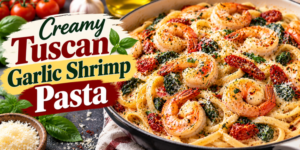 Tuscan Garlic Shrimp Pasta with juicy shrimp, sun-dried tomatoes, spinach, garlic, Parmesan, and creamy sauce