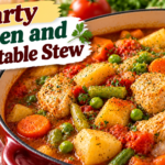 Chicken Vegetable Stew with tender chicken, potatoes, carrots, peas, celery, tomatoes, herbs, and savory broth