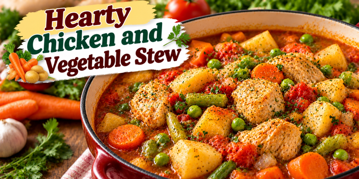 Chicken Vegetable Stew with tender chicken, potatoes, carrots, peas, celery, tomatoes, herbs, and savory broth