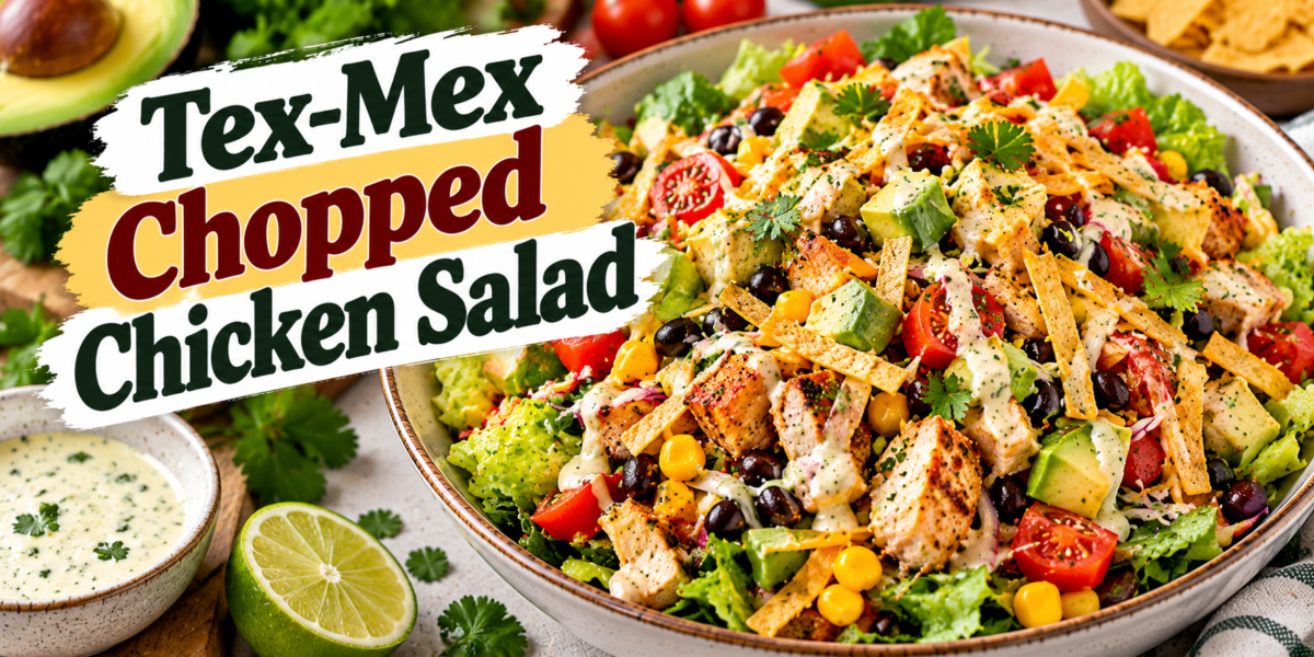 Tex-Mex Chicken Salad with seasoned chicken, black beans, corn, avocado, tomatoes, cheese, and creamy lime dressing