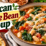 Tuscan White Bean Soup with cannellini beans, kale, tomatoes, garlic, herbs, and savory broth