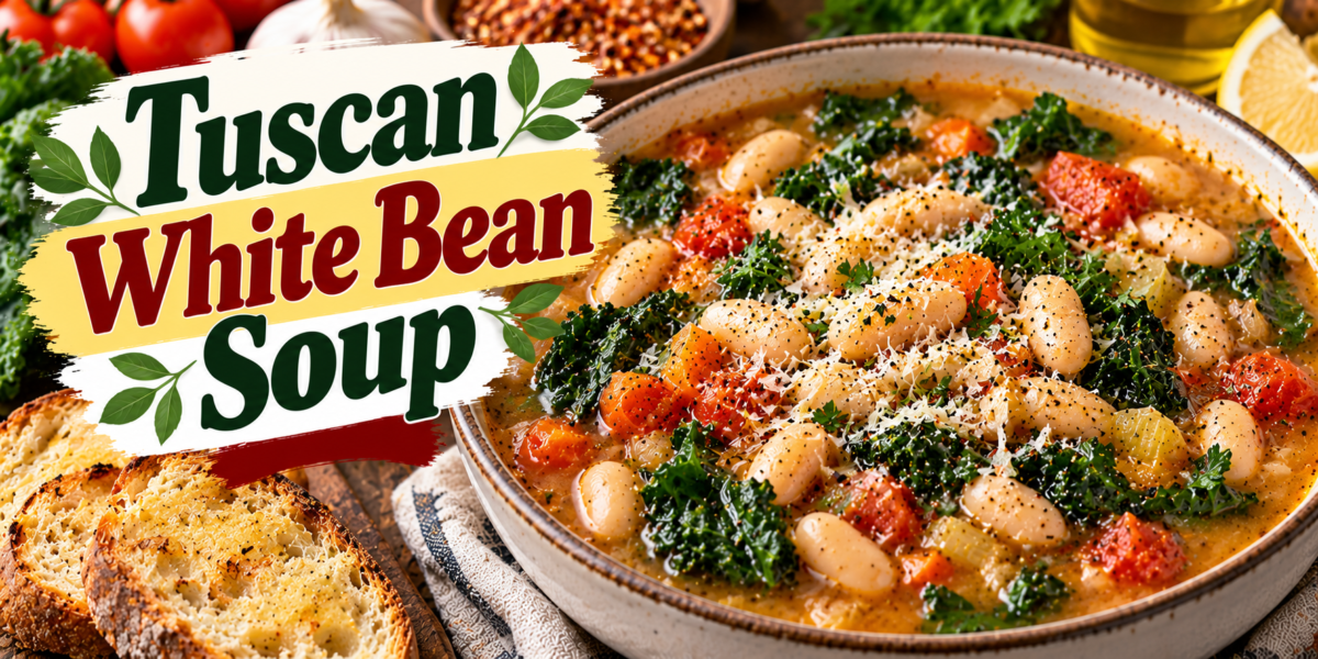 Tuscan White Bean Soup with cannellini beans, kale, tomatoes, garlic, herbs, and savory broth